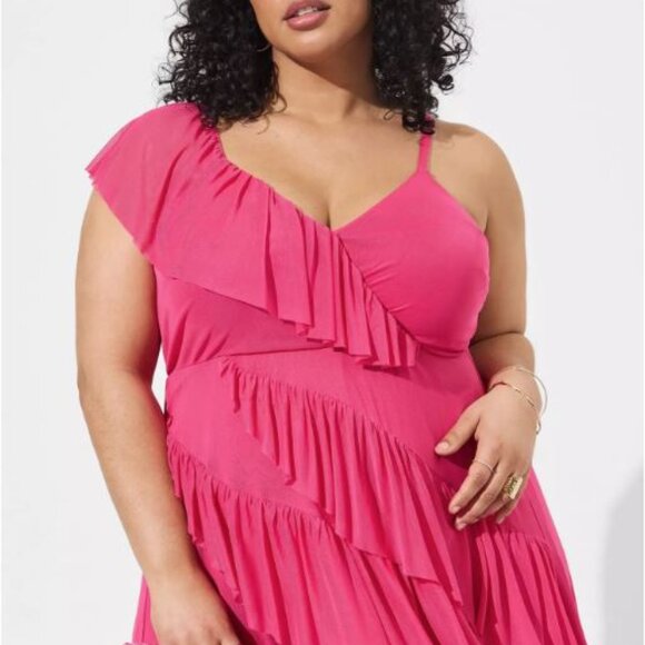 Hot Pink Fuschia Midi Mesh Ruffle Surplice Dress Torrid size 3x - Picture 2 of 5